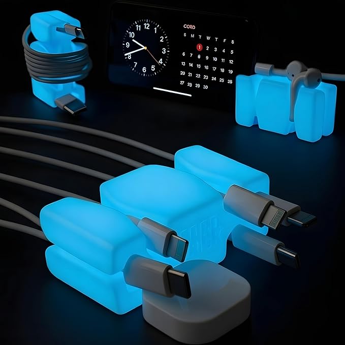 CordBrick Glowing Silicone + Steel Weighted Cable Holder for Nighstand, Cord Wrap for Travel, Unique iPhone Accessory. Small Graduation Gift for High Schoolers. Gadget for Teens. Blue Glow