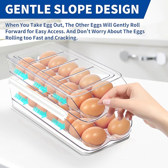MesRosa Egg Holder for Fridge, Automatic Rolling Egg Organizer for Refrigerator, Clear Plastic Egg Container & Tray, Stackable Dispenser and Storage Bin with Sturdy Lid to Saving Space -3 Layer