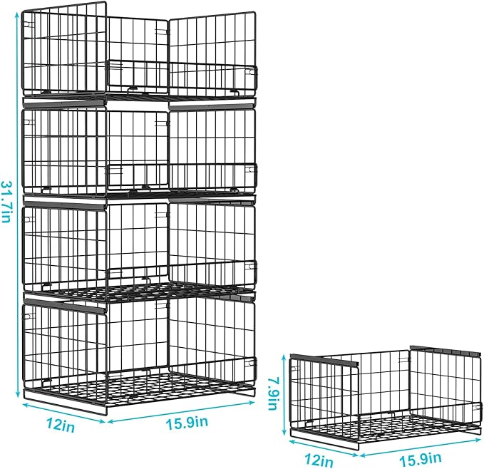 Hongtamoya 4-Tier Sliding Closet Organizers and Storage Shelves, Stackable Closet Shelf Organizer Basket Bins, Drawer Shelf Storage Container for Wardrobe Cupboard Kitchen Bathroom Office, Black