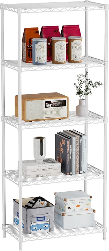 Golpart 5 Tier Adjustable Storage Shelves Heavy Duty Metal Utility Shelf 750LBS Capacity Wire Shelving Unit Organizer Rack for Home Kitchen Office Bathroom Pantry Room 12" D x 22" W x 59" H White