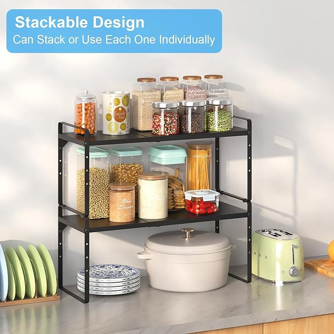 Set of 2 Expandable Cabinet Shelf Organizer, Stackable Kitchen Countertop Shelves Spice Racks, Small Metal Storage Shelf For Cupboard Counter Tabletop, 30 LBS Heavy Duty, Adjustable, 13.8" to 21.6"