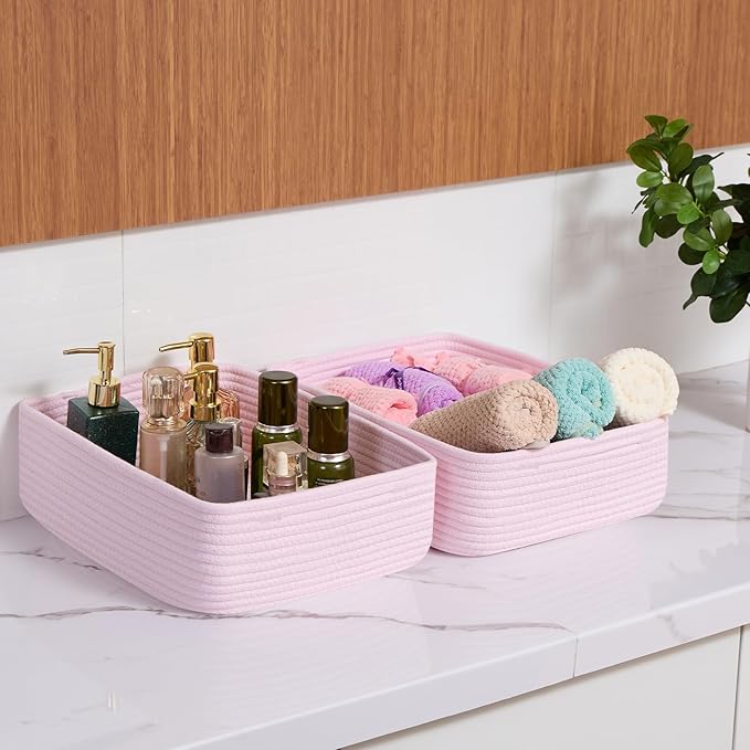 MiniArk Large Shallow Organizing Baskets 15x11x5.1 Inches - Rope Woven Storage Bins for Bathroom, Shelves, Cube Closet, Light Pink 3 Packs