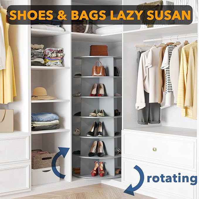 6 Tier Rotating Shoe Rack Tower, Spinning Shoe Display Lazy Susan, 6-Tier Gray