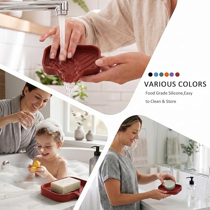 MicoYang Silicone Soap Dish with Drain Spout — Self-Draining Sink Organizer Tray for Bathroom & Kitchen, Holds Bar Soap, Sponges & Dispensers, Non-Slip & Dishwasher Safe, Red (Small, 4.9"×3.2")