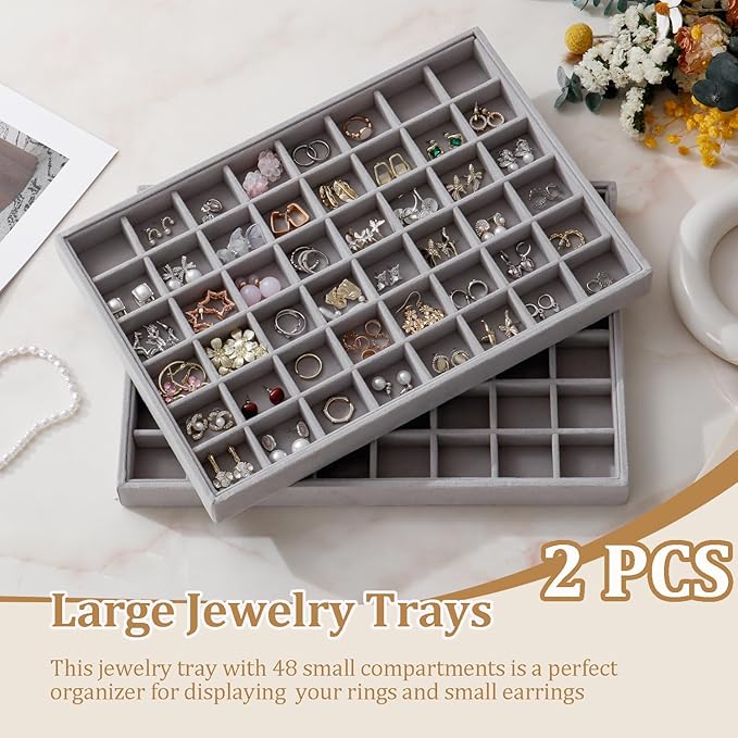 Large Velvet Jewelry Tray 2 Pack Stackable Jewelry Display Drawer Inserts Trays Organizer for Earring Bracelet Necklace Ring (Gray, 48 Grids)
