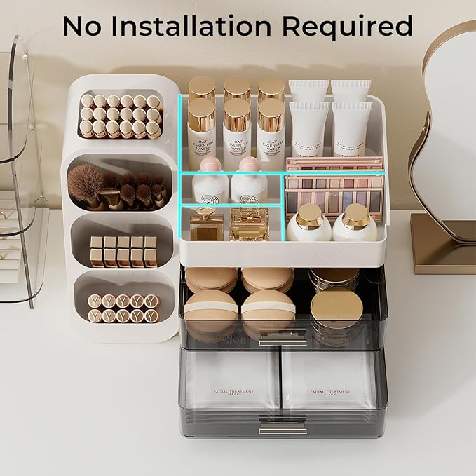 UFORU Makeup Organizer for Vanity with Brush Holder, Large Capacity Bathroom Countertop Skincare Organizer with 2 Drawers, Cosmetic Display Case for Perfumes, Eyeshadow Palettes, Nail Polishes