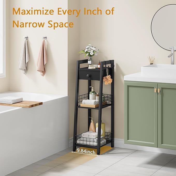 3-Tier Narrow Ladder Shelf with Drawer, Black