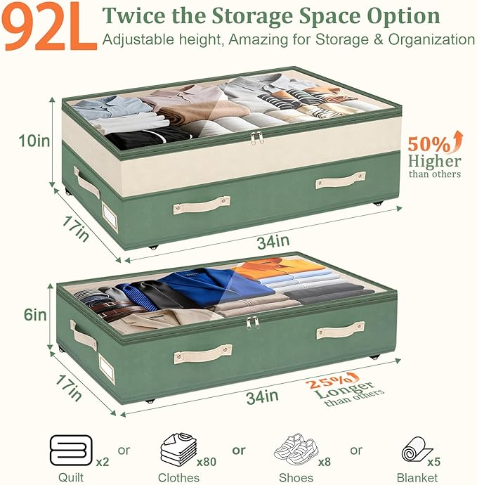 Dolicer 4 Pack Under Bed Storage with Wheels, Green