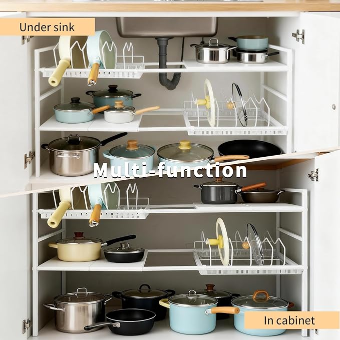 Pots and Pans Organizer Under Cabinet, Expandable 21-35in Length, Adjustable Height Under Sink Shelf 2 Tier with 10 Dividers Under Cabinet Shelf, Pot and Pan Lid Holder Rack (White)