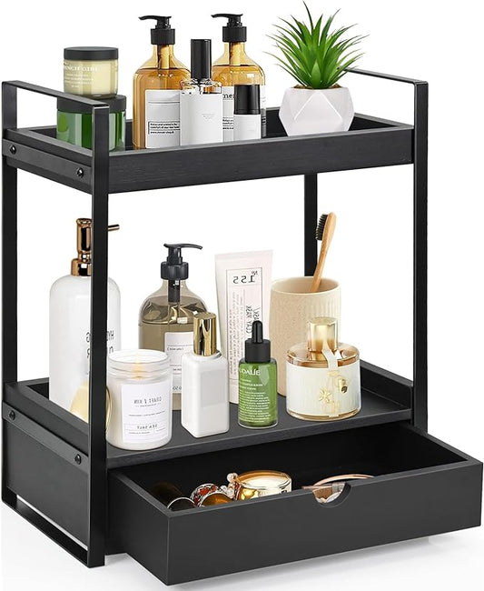 2-Tier Bathroom Organizer Countertop with Drawer, Black