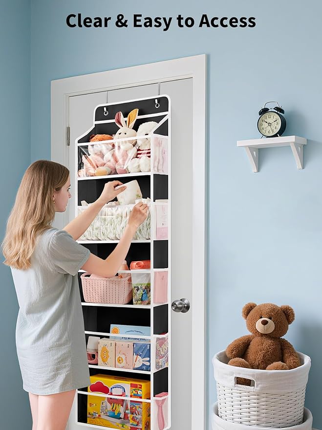 Toy Stuffed Animal Storage, Over The Door Organizer W/Clear View Windows, Black