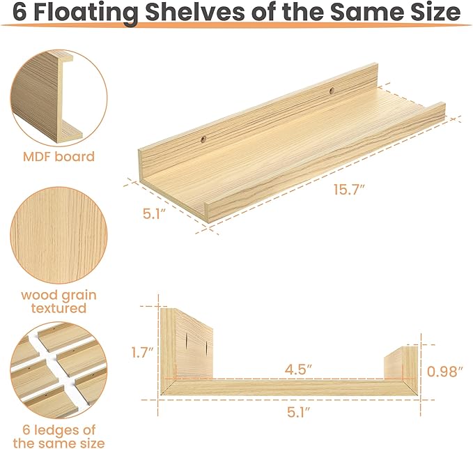 Floating Shelves for Wall, Wall Shelves for Decor Storage Set of 6, Natural
