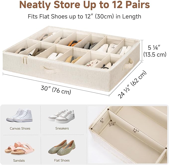 StorageWorks Underbed Shoe Storage Organizer for Closet, 2-Pack Fabric Under Bed Shoe Organizer with Adjustable Dividers, Fits up to 24 Pairs, Beige(Natural Texture)