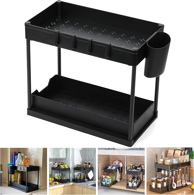 2 Tier Under Sink Organizer with Sliding Drawer, Pull Out Cabinet Storage Rack for Kitchen Bathroom Pantry, Multi Purpose Shelf with Removable Side Hooks and Hanging Cup, Tool Free Assembly