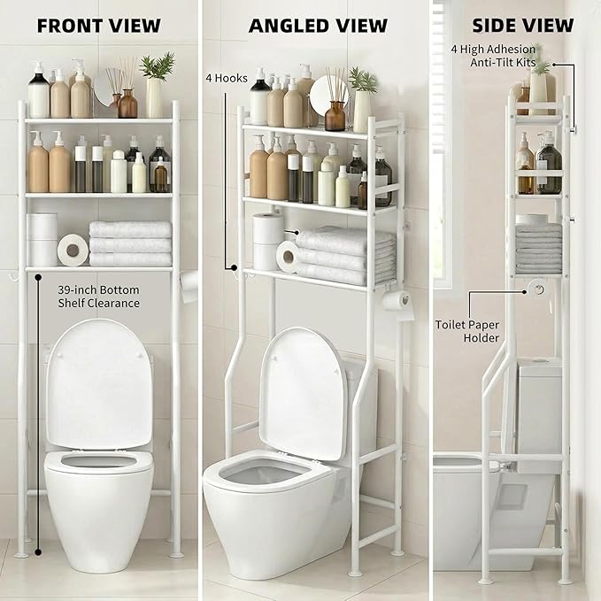 GloTika 3-Tier Over Toilet Storage with Anti-Tilt Safety System - 150lb Total Capacity Metal Bathroom Shelves Including Paper Holder & 4 Hooks, Space Saving Above Commode Organizer (64" H, White)