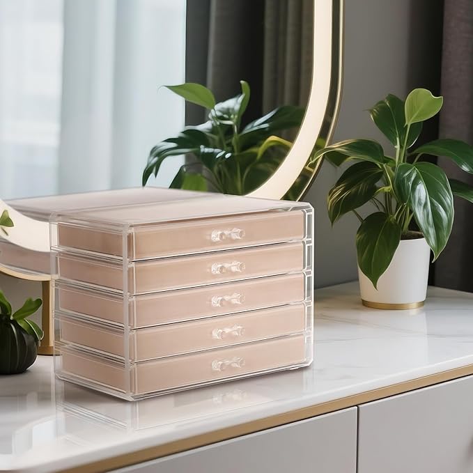 FEISCON Jewelry Box Organizer，Acrylic Storage Organizer with 5 Drawers Adjustable Velvet Trays grid size Jewelry Storage Box Clear Jewelry Organizer Gift for Women Girls (5 layer)