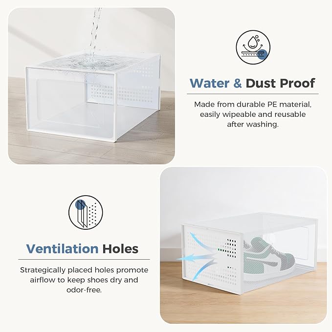 OLIXIS XX-Large Shoe Storage Boxes, 12-Pack Stackable Clear Shoe Organizers with Lids, Sneaker Display and Storage Containers for Closet, Under Bed, Entryway, White