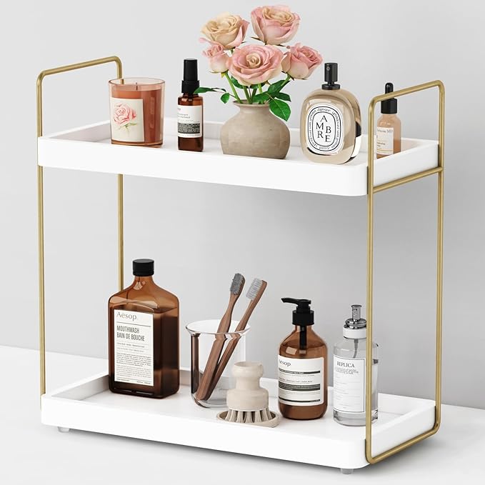 White and Gold Bathroom Counter Organizer