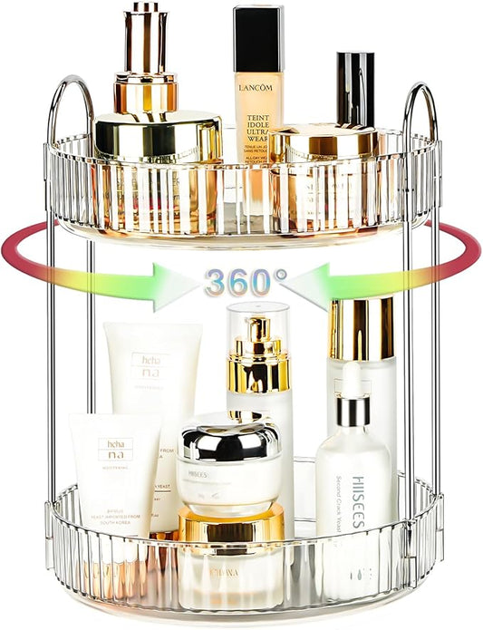 360 Rotating Makeup Organizer, Silver Clear, 2 Tier