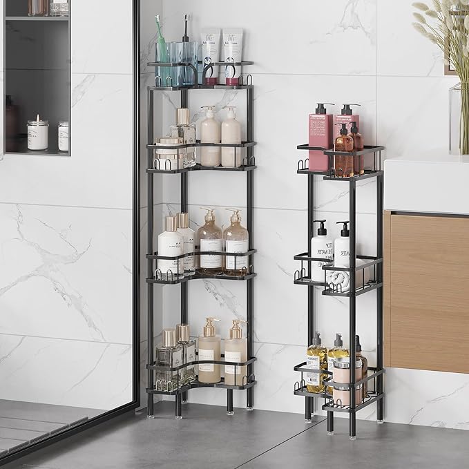 Standing Shower Corner Caddy, 3-Tier Stainless Steel Material Shower Organizer with 12 Hooks - Space Saving Corner Shelf with Adjustable Feet for Bathroom, Compact Spaces (Black, 3 Tiers)