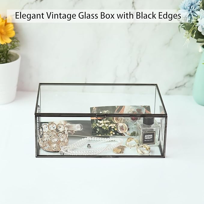 HighFree Vintage Glass Box with Lid - Clear Jewelry Glass Display Box Keepsake Box - Home Decor Decorative Box for Trinket Rings Bracelet (Black, Large)