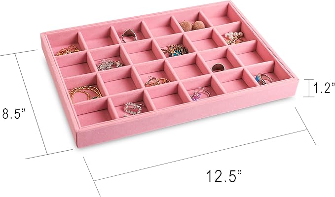Frebeauty Stackable Velvet Jewelry Organizer Trays for Drawers Inserts Jewelry Storage Tray Display Case, Stud Earrings Bracelets Necklace Rings Accessories Trays for Women(Set of 4)(Pink)