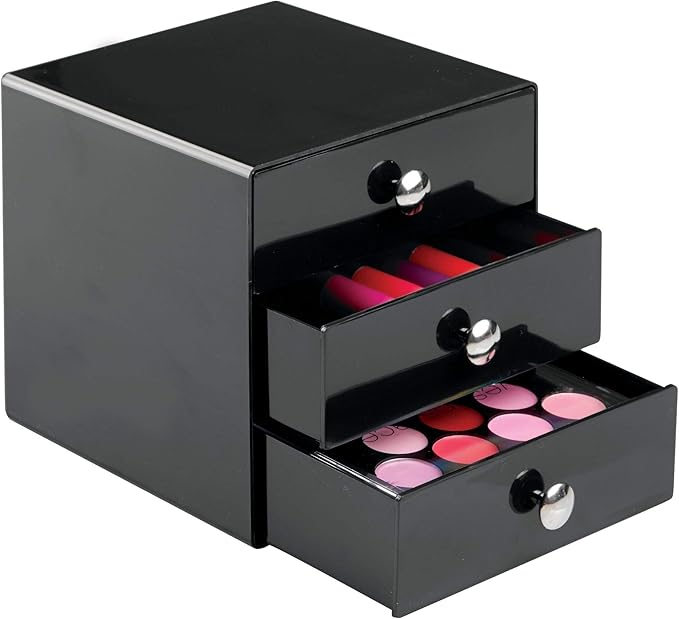 iDesign 35360 3-Drawer Plastic Vanity Organizer, Compact Storage Organization Set for Cosmetics, Dental Supplies, Hair Care, Bathroom, Dorm, Desk, Countertop, Office, 6.5" x 6.5" x 6.5", Black