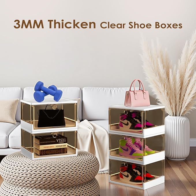 Clear Stackable Shoe Boxes with Magnetic Door, 3 Pack Thick Plastic Shoe Organizer for Closet, Dustproof Storage, Fits up to US Size 13