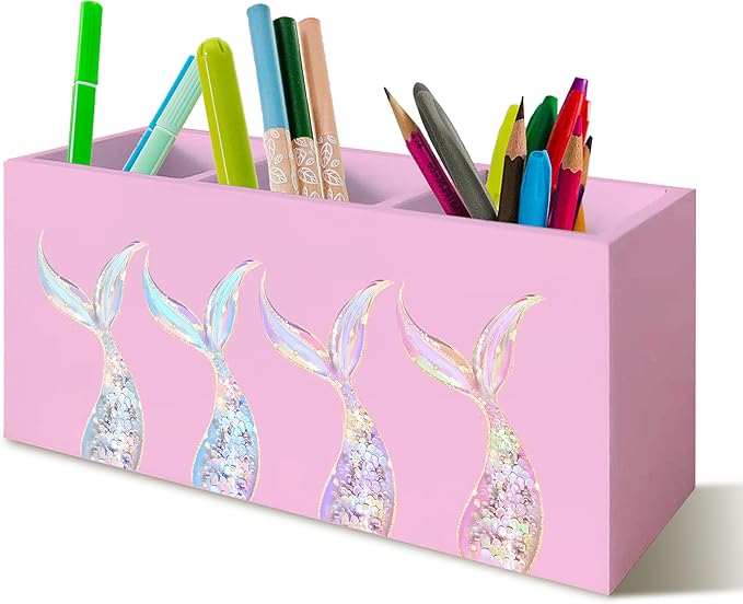 Mermaid Gifts for Girls Women, Pastel Mermaid Beach Pen Pencil Holder Organizer for Desk, Coastal Ocean Wooden Box Block Sign for Home Classroom Dorm Office Tabletop Decor（Pink）