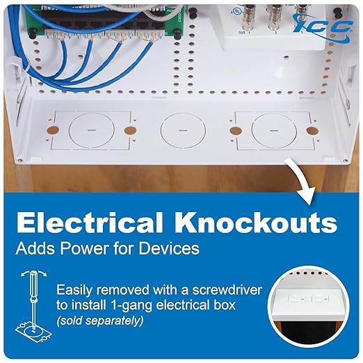 ICC 28” Plastic Structured Wiring Enclosure with Cover, Includes 3 Connectivity Modules (CAT6 8-Port PoE++ Module, 1x8 Bridged Telephone RJ31X Module, 1x6 Video Module), UL Listed, TAA Compliant