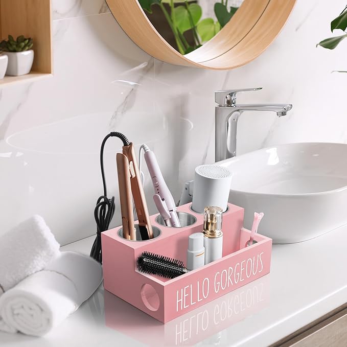 Hair Tool Organizer, Wooden Hair Dryer Holder Countertop, Pink