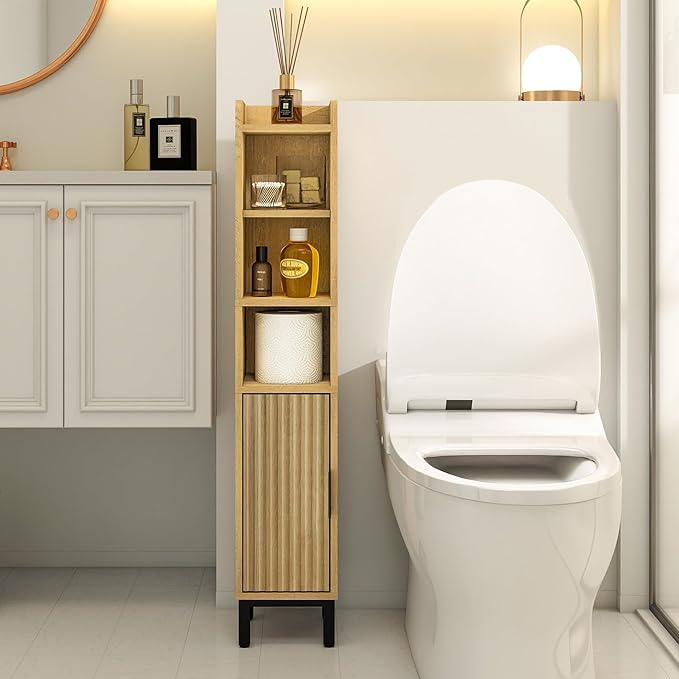 FerniTry Narrow Bathroom Storage Cabinet, Corner Toilet Paper Floor Cabinet 5 Tiers with Door and Shelves,Bathroom Organizer with Adjustable Shelf, for Small Spaces (Oak)