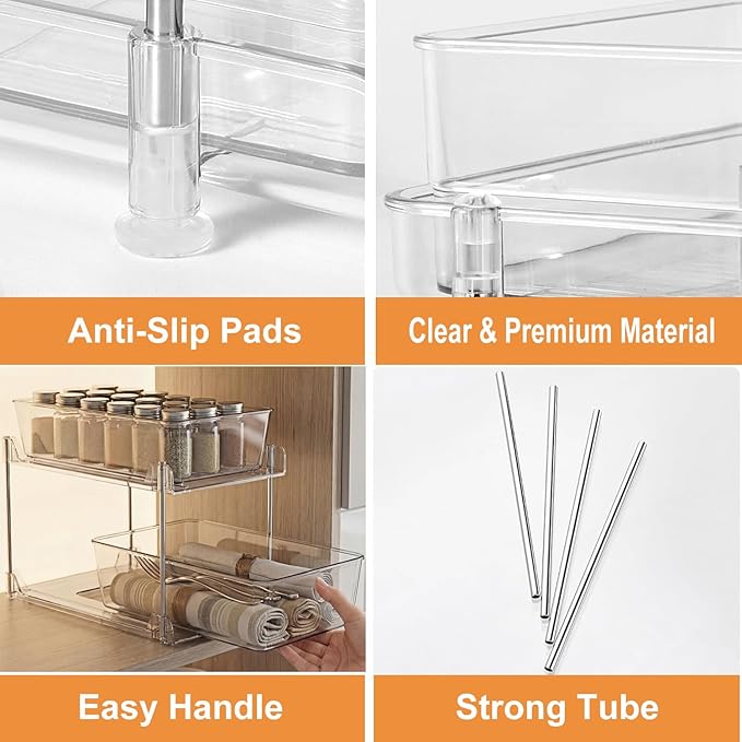 2 Pack Bathroom Organizer,2 Tier Clear Under Sink Organizers Vanity Countertop Storage Container,Cabinet Drawers Bins, Pull-Out Organization with Track for Pantry, Kitchen