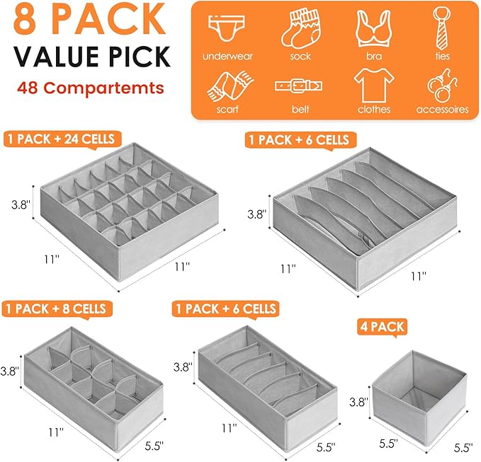 Drawer Organizer Clothes, 48 Compartments, Grey