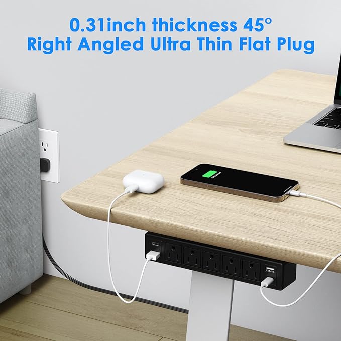 40W Under Desk Power Strip Mountable,20W USB-C Fast Charging Flat Plug Power Strip Surge Protector 1200J,9 in 1 Desk Outlet,5 Outlets,2 USB-C,2 USB-A,6FT Extension Cord Black