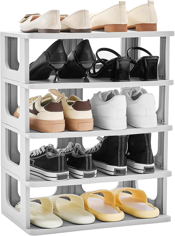 TRZZ 5-Tier Small Shoe Rack, Vertical Narrow Stackable Organizer with Removable Partition, Efficient Shoe Storage for Closet, Entryway, and Small Spaces (Grey)