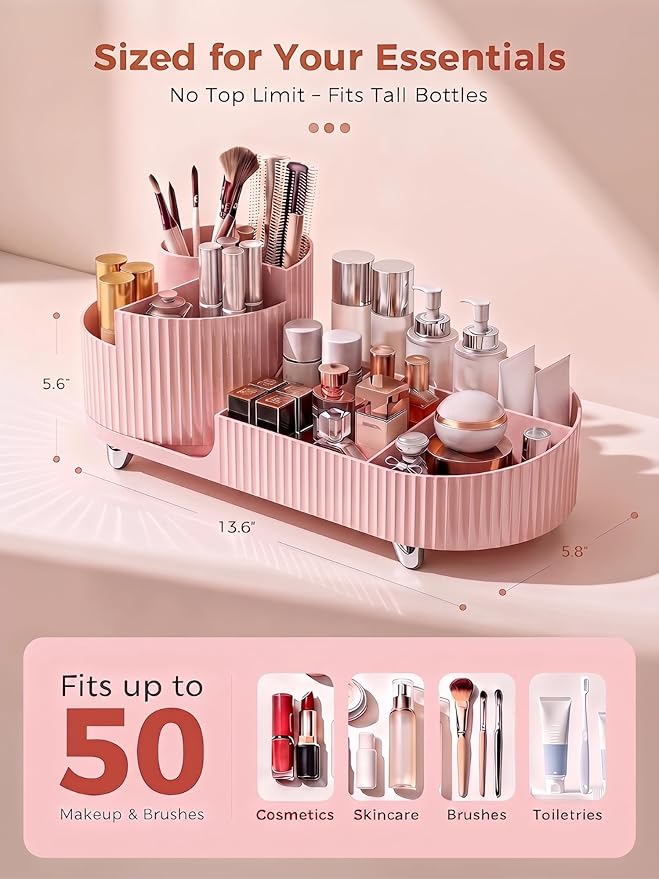 Rotating Makeup Caddy Organizer for Vanity, Pink