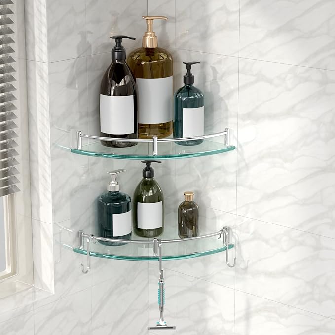 Glass Shower Shelves, Glass Bathroom Corner Shelf Wall Mounted Shelf Shampoo Holder Organizer Extra 8MM Thick Corner Shelves for Inside Shower with 3 Hooks