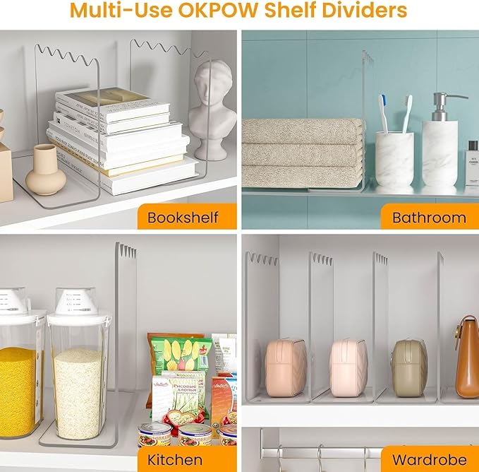 OKPOW Acrylic Shelf Dividers for Closet Organization - 10" Tall X 12" Deep Easy Installation Clothes Purses Organizer - Space-Saving Adjustable & Sturdy Clear Dividers for Wood Cabinet Shelves, 4 Pack