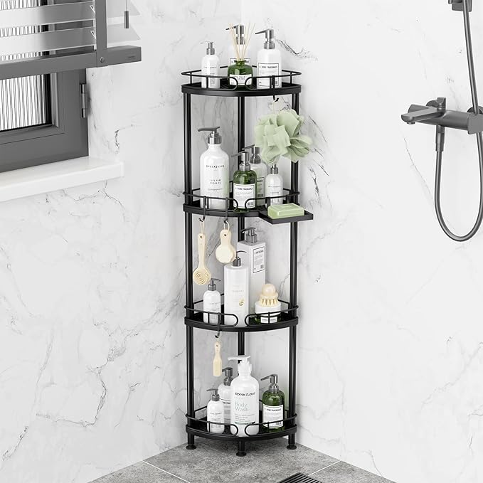 SWTYMIKI Corner Shower Caddy Standing - 4 Tier Stainless Steel Shower Organizer Stand with 4 Hooks & Soap Holder, Rustproof Metal Standing Tall Floor Shower Shelf and Bathroom Organizer, Black