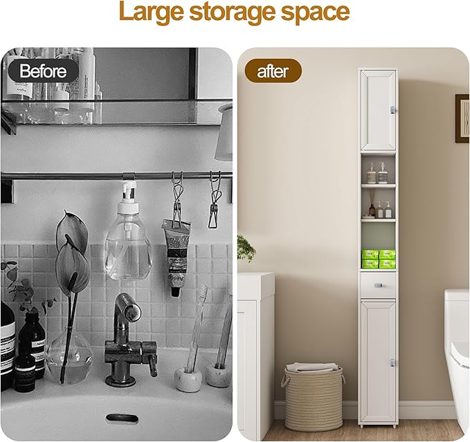 Tall Storage Cabinet, 7.9 Inch Narrow Bathroom Cabinet with USB Magnetic Light