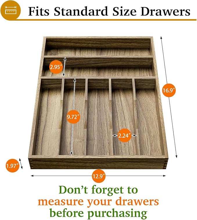 Kiasthome Acacia Wood Silverware Drawer Organizer, 7 Slots