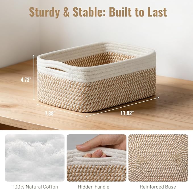 5 Pack Small Woven Storage Baskets for Shelves, Cotton Rope Baskets Organizer for Bathroom, Closet & Nursery, Decorative Storage Bins for Organizing Socks, Toys, 11.8"x7.9"x4.7", Khaki/White