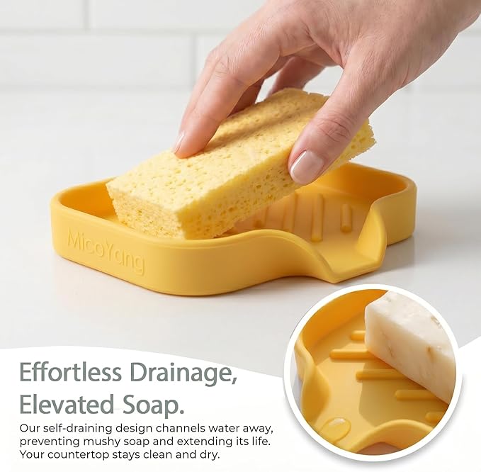 MicoYang Silicone Soap Dish with Drain Spout — Self-Draining Sink Organizer Tray for Bathroom & Kitchen, Holds Soap, Sponges & Dispensers, Non-Slip & Dishwasher Safe, Yellow (Small, 4.9"×3.2")