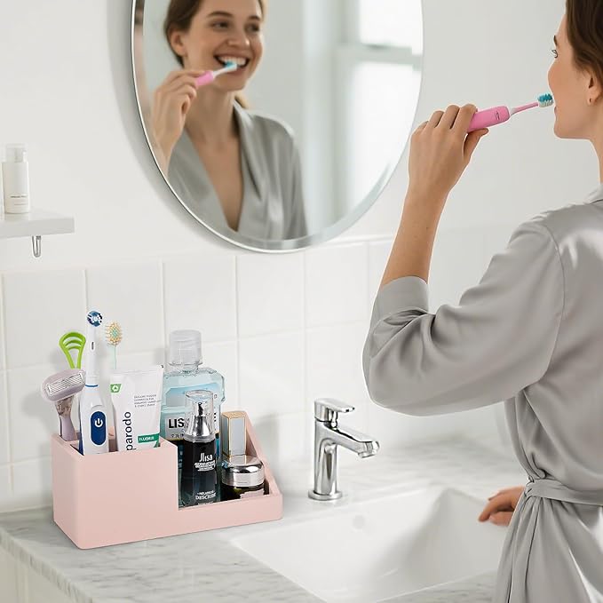 Diatomite Toothbrush Holders for Bathrooms, Quick Dry Electric Tooth Brush and Toothpaste Organizer Bathroom Accessories for Countertop, Vanity, Sink - Pink