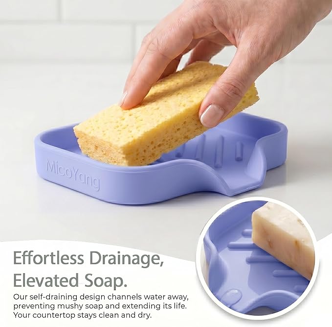 MicoYang Silicone Soap Dish with Drain Spout — Self-Draining Sink Organizer Tray for Bathroom & Kitchen, Holds Bar Soap, Sponges & Dispensers, Non-Slip & Dishwasher Safe,Light Purple(Small,4.9"×3.2")