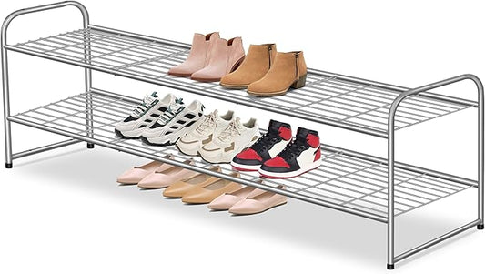 2 Tier Long Metal Shoe Rack for Closet Wide Stackable Shoe Storage Organizer