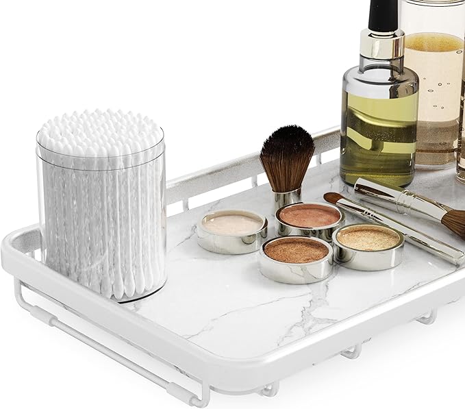 Counter Organizer for Bathroom, Kitchen or Coffee Bar, Metal Shelf with Faux Marble, Vanity Countertop Makeup Storage, Dresser Perfume Display Rack, Toilet Tank Tray (Matte Silver, 1-tier)