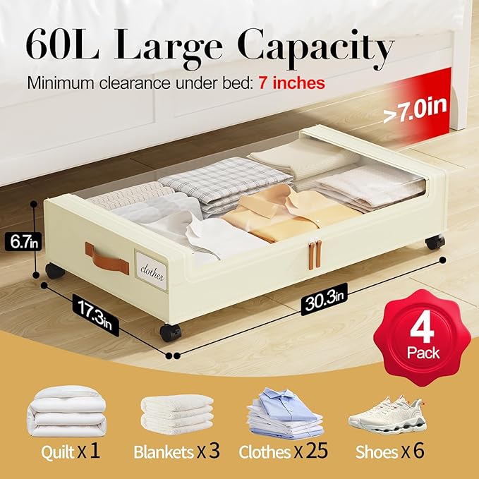 Yecaye Under Bed Storage with Wheels, 4 Pack Under the Bed Storage Containers with Lids & Label, XXL 60L Rolling Underbed Storage Drawers for Clothes, Blankets, Shoes, Beige
