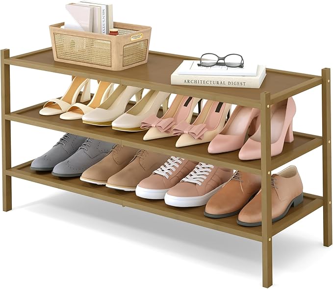 Smiry Bamboo Long Shoe Rack, 3 Tier Shoe Organizer for Entryway & Closet, Stackable Free Standing Storage Shelf for Shoes, Bags & Plants, Walnut